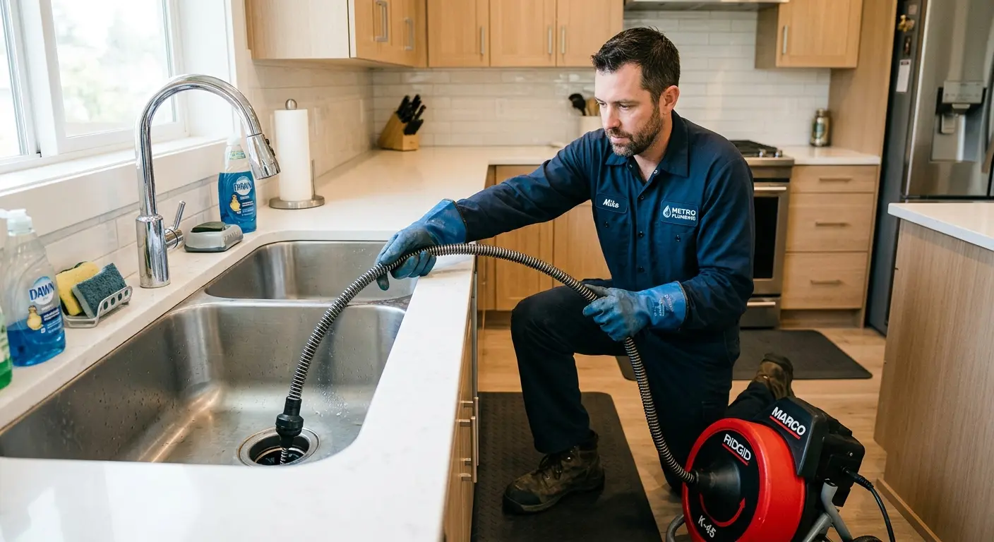 Drain cleaning technician using a motorized snake on a kitchen sink in Belvidere