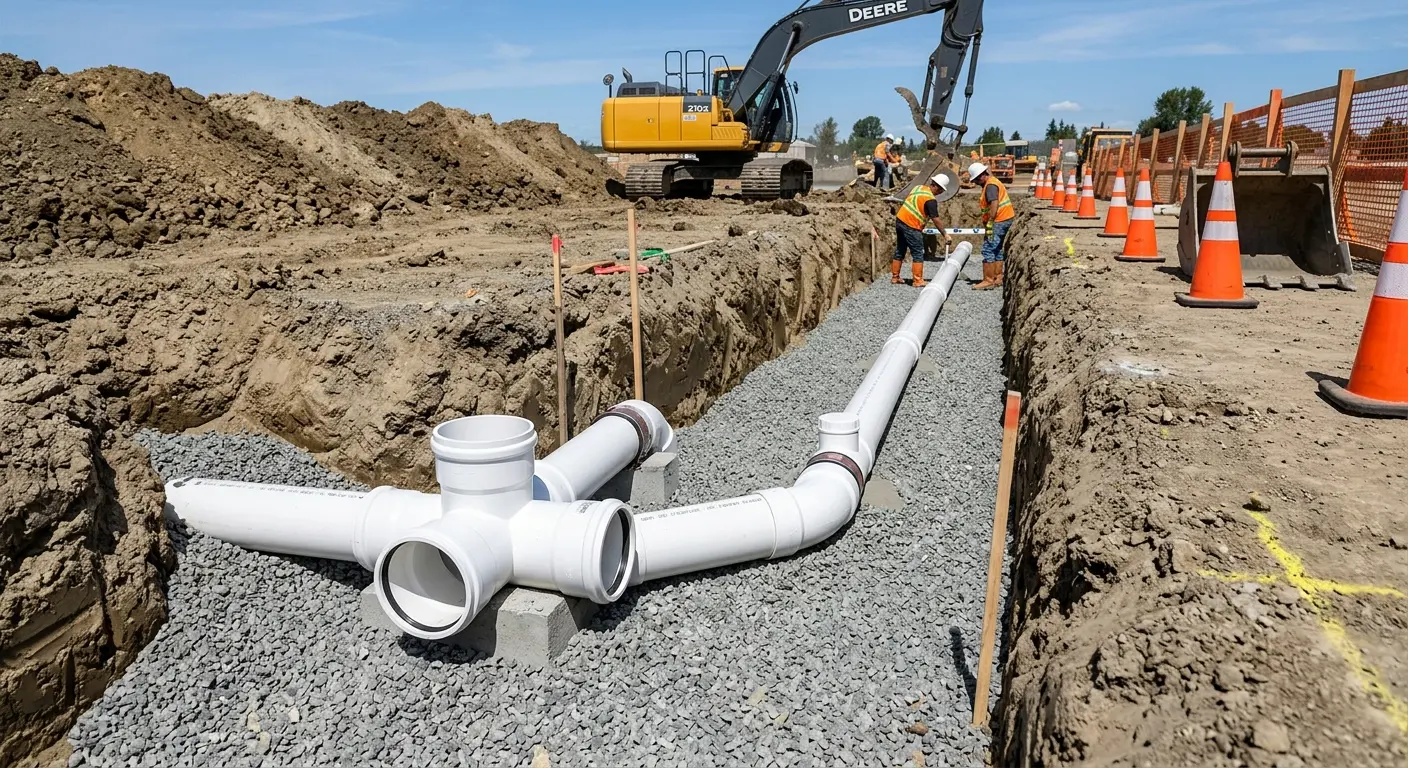 New PVC sewer pipe installation in open trench for Commercial Drain Cleaning in Belvidere