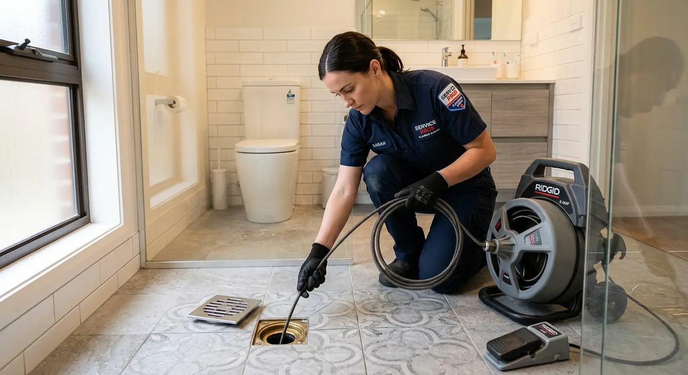 Technician clearing a bathroom floor drain for Drain Cleaning in Belvidere